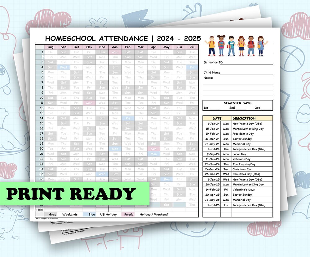 2024-2025 Homeschool Kit Attendance Recording Log Sheet for Kids Teens Education and Learning Printable Planner With Semesters - Etsy