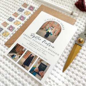 May include: A white invitation card with the text "CALLED TO SERVE" and "SWEDEN STOCKHOLM MISSION". The card includes three small photos and a photo of a person in front of a building. A pencil, scissors, and stamps are also visible.