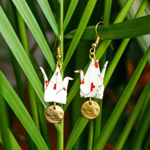 Brass dangle earrings with small origami cranes and gold sequins, handmade - For non-pierced or pierced ears