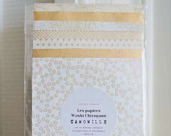 Lot 7 feuilles de papier japonais traditionnel Washi Chiyogami pour pliage origami - Camomille - 15 x 15 cm - Kit papier Yuzen - Blanc et or