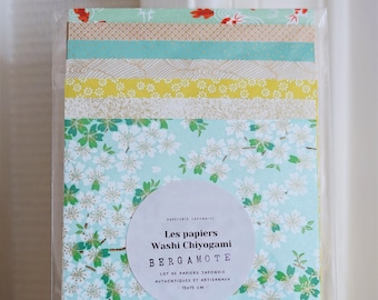 Lot 7 feuilles de papier japonais traditionnel Washi Chiyogami pour pliage origami - Bergamote - 15 x 15 cm - Kit papier Yuzen - Vert, jaune