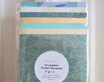 Lot 7 feuilles de papier japonais traditionnel Washi Chiyogami pour pliage origami - Paon - 15 x 15 cm - Kit papier Yuzen - Bleu et doré