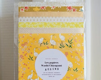 Lot 7 feuilles de papier japonais traditionnel Washi Chiyogami pour pliage origami - Agrume - 15 x 15 cm - Kit papier Yuzen Jaune, blanc, or