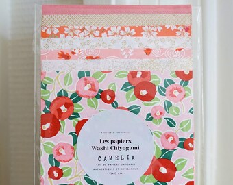 Lot 7 feuilles de papier japonais traditionnel Washi Chiyogami pour pliage origami - Camélia - 15 x 15 cm - Kit papier Yuzen - Rose et blanc