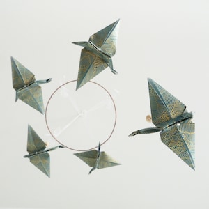 Spiral mobile origami crane for decoration baby's and children's room, handmade in France