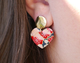Handmade Japanese paper and brass earrings for women - Suki Collection - Hearts - blue / yellow / flowers / white / gold / red