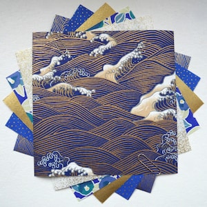 Pack of 6 sheets of traditional Japanese Washi Chiyogami paper for origami folding - Cobalt - 14 x 14 cm - Blue, white, gold