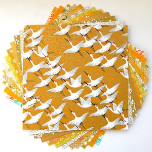 Lotto 12 fogli di carta tradizionale giapponese Washi Chiyogami per piegare origami - Mimosa - Kit carta Yuzen - Giallo, arancione, bianco, oro