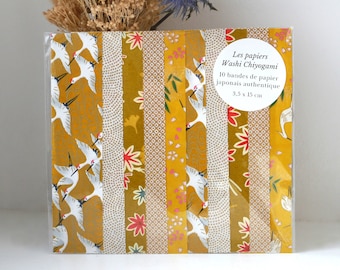 Set di 10 strisce di carta tradizionale giapponese Washi - "Ocra" - Origami, scrapbooking - Giallo, arancione, bianco, oro, oro - Carta Yuzen
