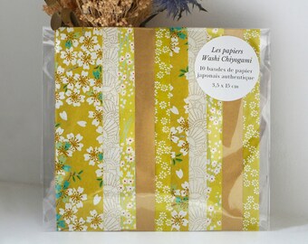 Juego de 10 tiras de papel Washi tradicional japonés - "Azafrán" - Origami, scrapbooking - Amarillo, dorado, mostaza, dorado - Papel Yuzen