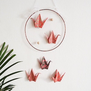 Mobile origami cranes and natural wood beads for baby bedroom and children's room decoration, handmade, colors of your choice image 1