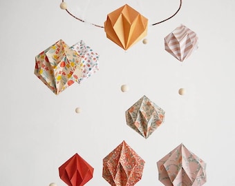 Origami mobile for child's room or baby's room decoration, flower diamonds and wooden beads
