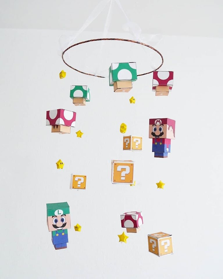 Mobile Origami Pour Décoration Chambre Bébé et Enfant, Jeux Vidéos Mario Luigi, Fait Main
