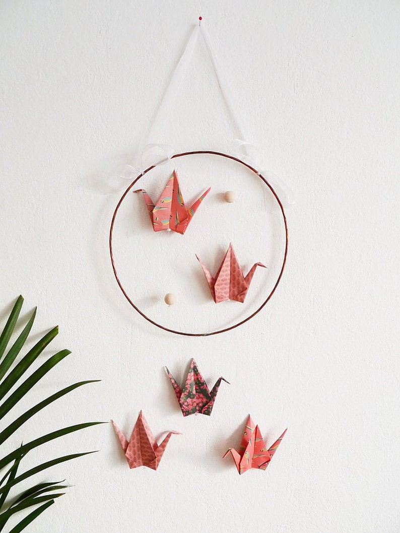 Mobile origami cranes and natural wood beads for baby bedroom and children's room decoration, handmade, colors of your choice image 1