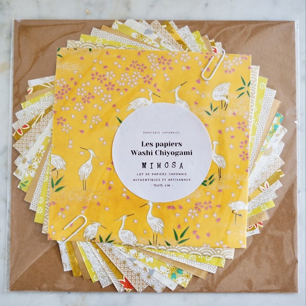 Lot 15 feuilles de papier japonais traditionnel Washi Chiyogami pour pliage origami - Mimosa - Kit papier Yuzen - Jaune, orange, blanc, or