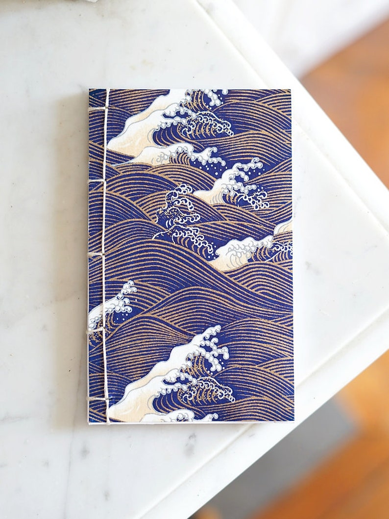 Handmade 2024 pocket diary in Japanese Washi paper Japanese binding and covers A6 format Made in France Océan