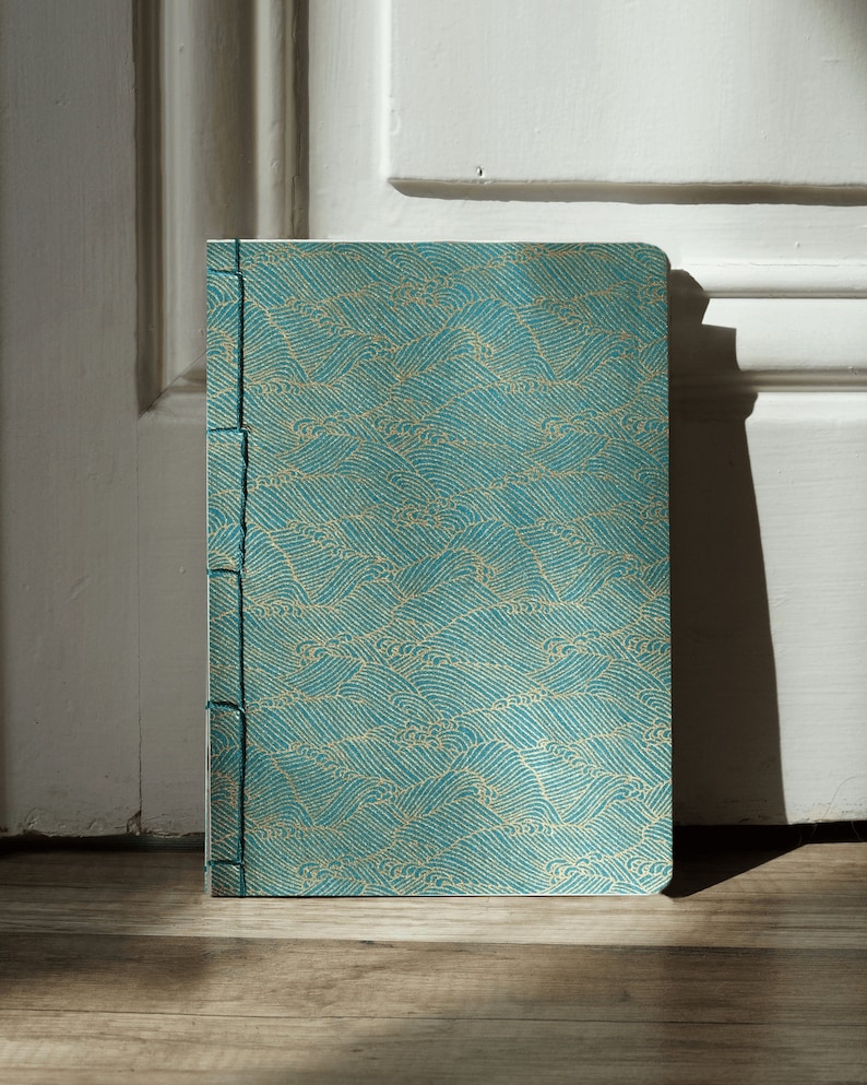 Handmade 2024 diary in Japanese Washi paper Japanese binding and covers A5 format Made in France Ecume bleu canard