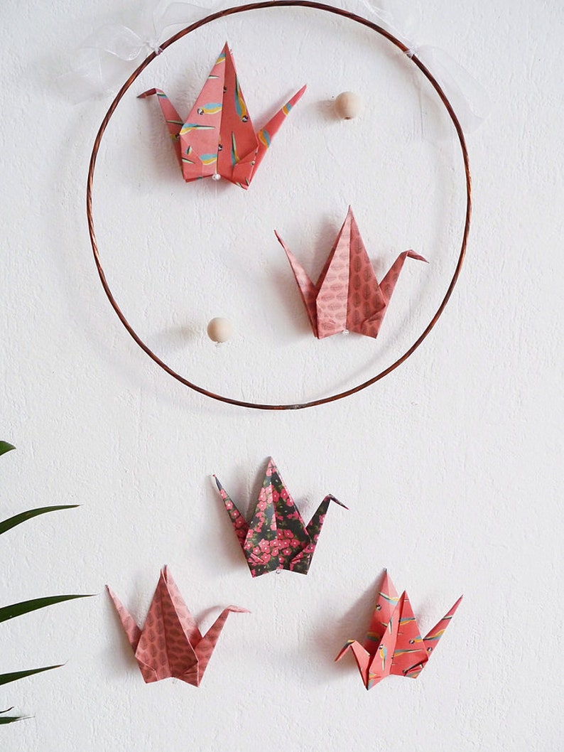 Mobile origami cranes and natural wood beads for baby bedroom and children's room decoration, handmade, colors of your choice image 2
