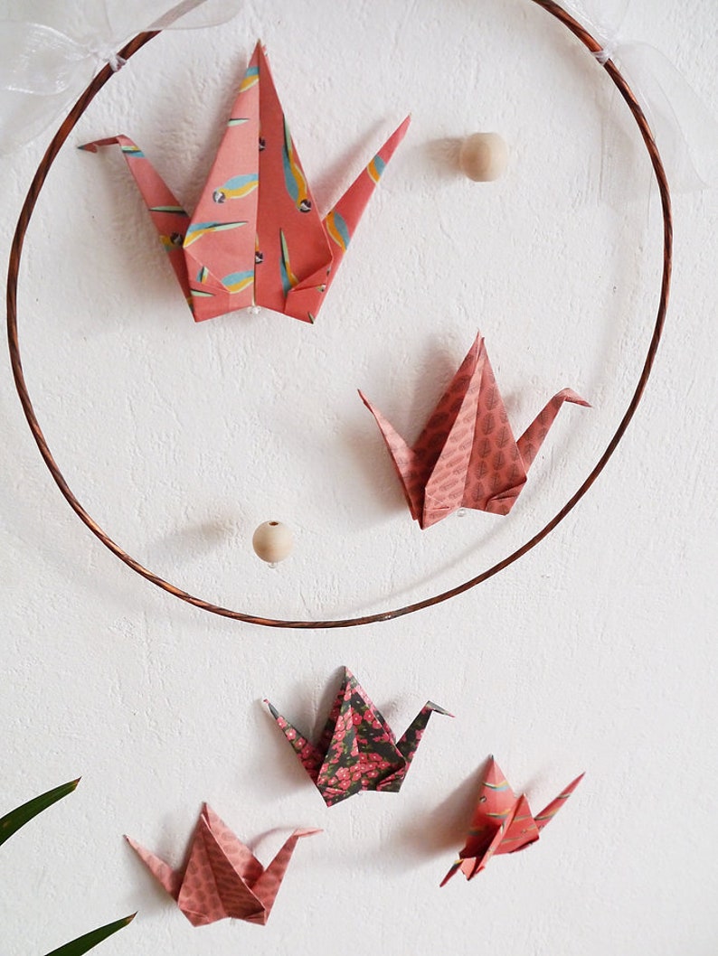 Mobile origami cranes and natural wood beads for baby bedroom and children's room decoration, handmade, colors of your choice image 3