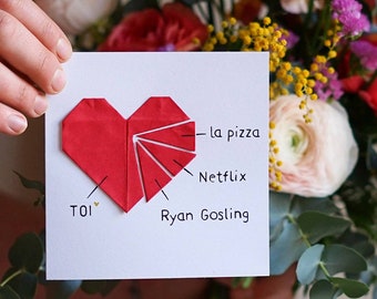 Carte personnalisable de l'amour ou de St-Valentin faite-main, cœur rouge en papier origami, avec enveloppe -Original, amour, Saint-Valentin