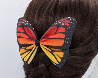 Dark Orange Monarch Butterfly Hairbow - Deep Rust Ombre Pretied Bowtie  - fabric insect barrette, multicolor gradient hair clip decoration