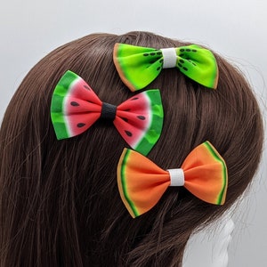 Kiwi and Melons Hairbows - Set of 3 - kiwifruit watermelon cantaloupe, fruity fabric barrette, food hair clip decoration