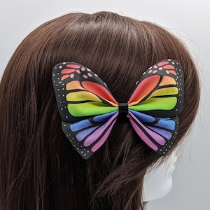 Pastel Rainbow Monarch Butterfly Hairbow - pretied bow tie - multicolor fabric insect barrette