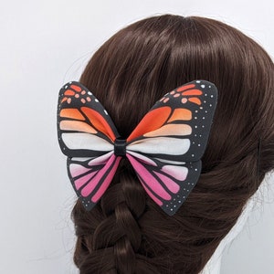 Lesbian Pride Monarch Butterfly Hairbow - Pretied Bowtie  - pink orange fabric insect barrette hair clip decoration