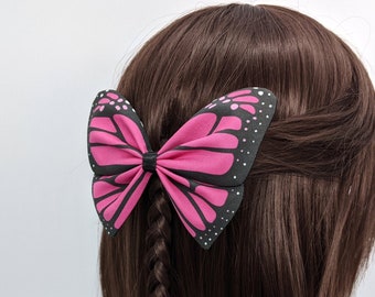 Pink Monarch Butterfly Hairbow, pretied bowtie, raspberry pink black bug barrette hairclip