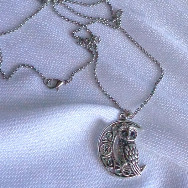 Silver Tone Owl on Moon Pendant Necklace