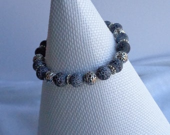 Frosted Black Agate Gemstones with Silver Tone Metal Stretch Bracelet / Semi-Precious Stone Beads