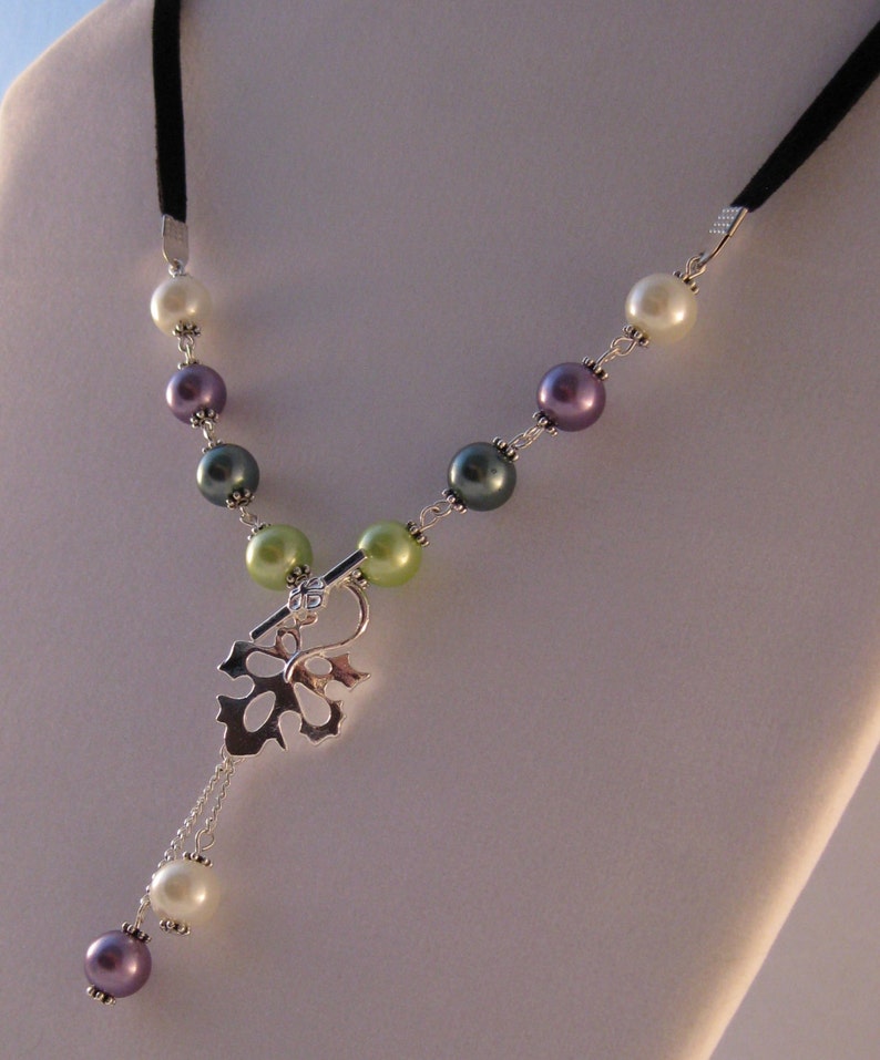 Delicate Glass Pearl Necklace with Suedette Ribbon and Vine Leaf Toggle Clasp
