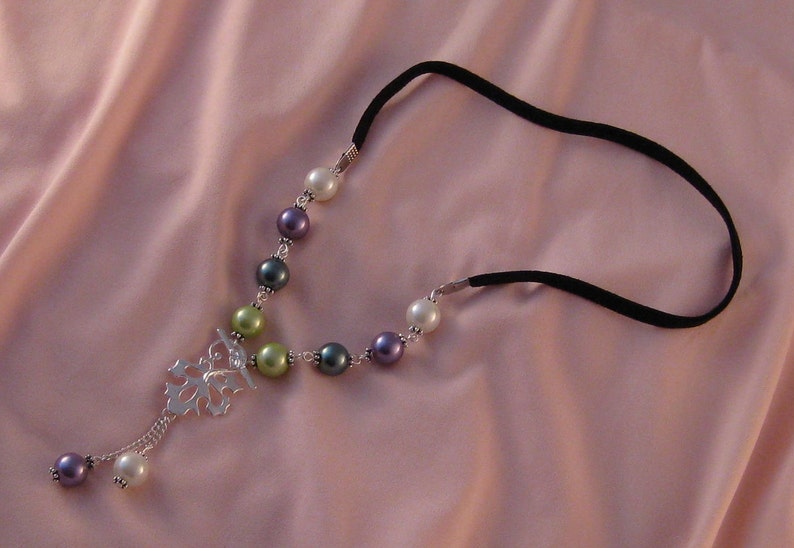 Delicate Glass Pearl Necklace with Suedette Ribbon and Vine Leaf Toggle Clasp