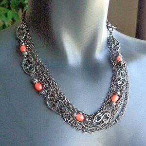 Multiple Rows Gunmetal Chains, Connectors, Filigree and Cinnamon Glass Beads Necklace