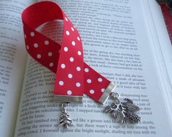 Holiday Themed Ribbon and Charms Bookmark / Red Ribbon with White Dots Design, Pine Branch with Cones Charm and Christmas Tree Charm
