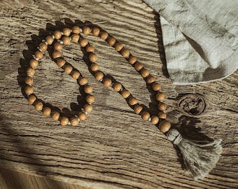 Handcrafted Oak Wood Mala Beads – 54 Knotted Meditation Necklace with Tassel
