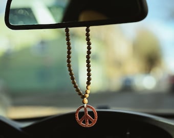 Handcrafted Wooden Bead Car Mirror Hanger | Rearview Mirror Charm with Tassel or Peace Sign