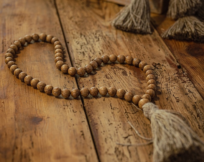 Oak Wooden Mala, Beads with Linen Tassel, Handmade