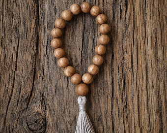 Oak Wood Mala Bracelet with Linen Tassel – 18 beads - 14 mm beads