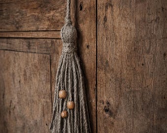 Linen Tassel with Oak Beads, Handmade Rustic Decor, Natural Home Accent