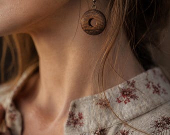 Oak and Bog Oak Wood Earrings, Unique Natural Jewelry