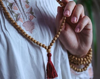 Oak Wooden Mala – 108 Beads of 8 mm diameter with Colorful Cotton Tassel in Red, Green or Dark yellow