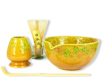 Japanese Matcha Tea Set – Handmade Matcha Bowl, Bamboo Whisk, Scoop, Holder & Instruction, Tea Ceremony Gift, Chawan with glaze