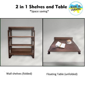 Pode incluir: Uma estante de parede e uma mesa dobrável 2 em 1 que economiza espaço. A estante é feita de madeira e tem três prateleiras. A mesa também é feita de madeira e tem um design simples. A mesa está dobrada e a estante está na posição dobrada. O texto "MADE IN UKRAINE" é visível no canto superior direito da imagem.