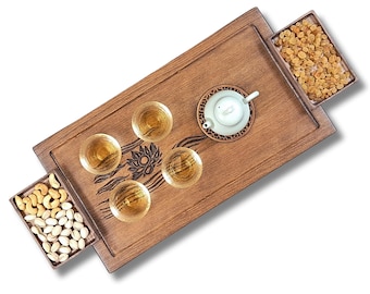 3in1 Tea Table with 2 Extra Stands – Gongfu Tea Tray, Natural Alder Wood, Improved Tea Serving, Tea ceremony board with gift, Christmas gift