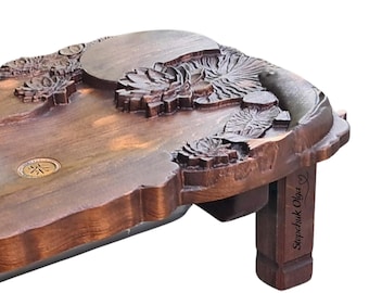 Gongfu Tray with legs (removable) 65x35cm Personalization. 3D wood carving - Koi and lilies. Large tea ceremony table. Gift Labor Day.