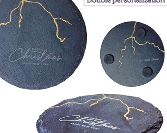 Personalized Coaster Kintsugi Style – Custom Engraved Cup Mat with Name & Message, Natural Stone Drink Coaster, Unique Gift Idea