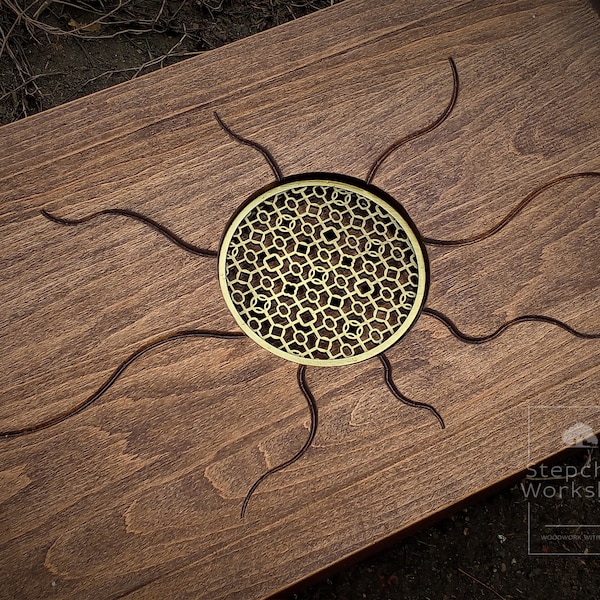 Handmade ceremony tray with sun engraving and stainless steel insert - Low tea table - Mid century modern coffee table - Small coffee table