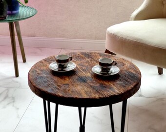 Farmhouse Side Table, Vintage Pine Wood Table, Round Rustic Coffee Table, Distressed Wood End Table, Industrial Metal Legs, Retro Furniture