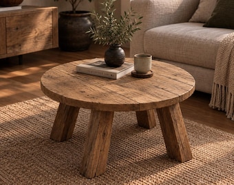 Retro Reclaimed Oak Wooden Table, Round Farmhouse Table, Vintage Wood Side Table, Rustic Entryway Table, Reclaimed Wood Furniture, 60cm